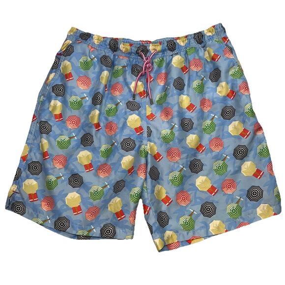 Peter Millar Swim Trunks Men Size L Blue Umbrella Legs Print Shorts Beach Preppy - Picture 1 of 16